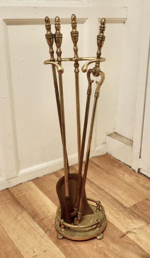 Attractive 19th Century Brass Fireside Companion Set, Fireside Tools