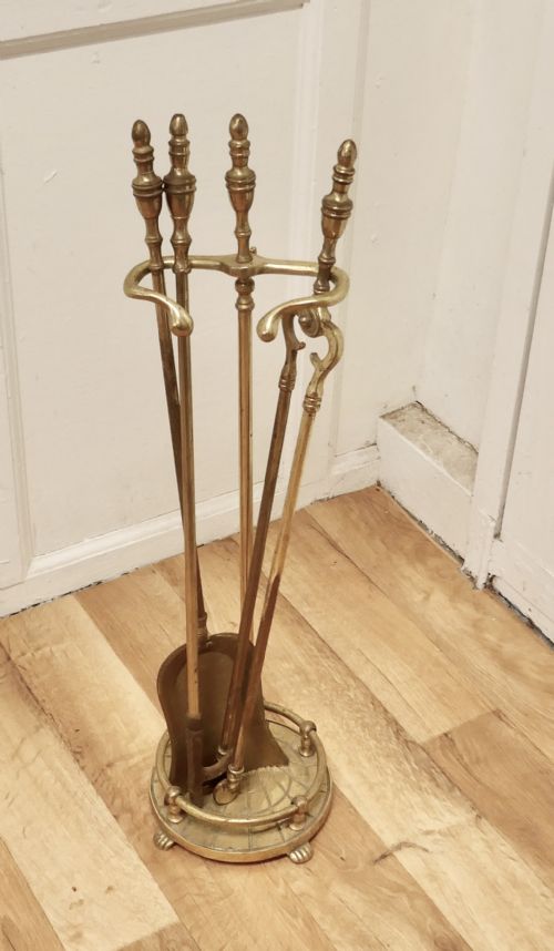 fig 1. Attractive 19th Century Brass Fireside Companion Set, Fireside Tools