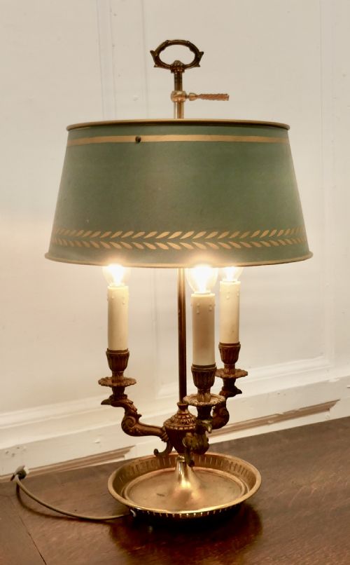 French Painted Toleware and Brass Triple Desk Lamp