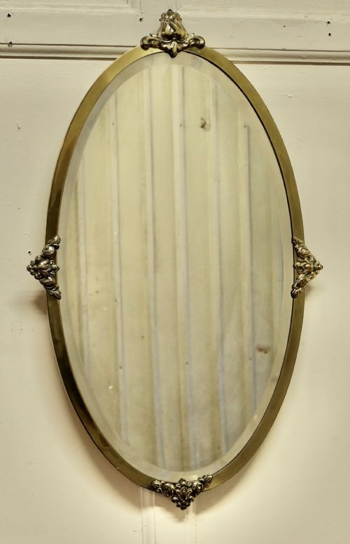 Long Oval Art Deco Gilt Brass Wall Mirror