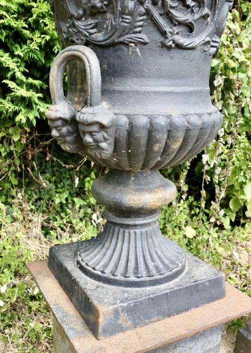 fig 1. A Pair of Large Cast Iron Urns, Garden Planters on Plinths