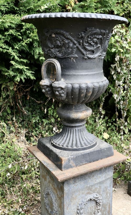 fig 2. A Pair of Large Cast Iron Urns, Garden Planters on Plinths