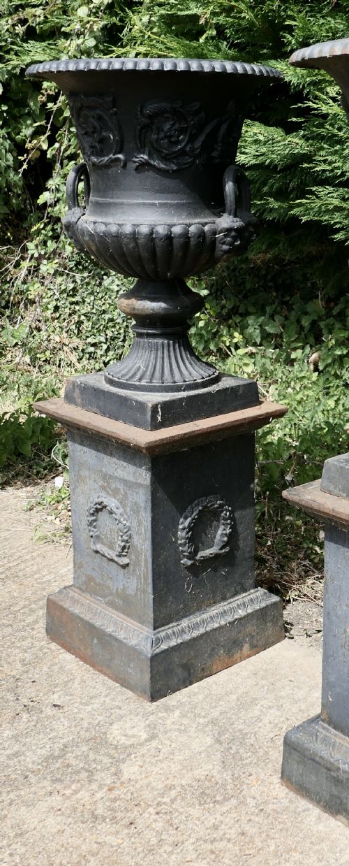 fig 3. A Pair of Large Cast Iron Urns, Garden Planters on Plinths