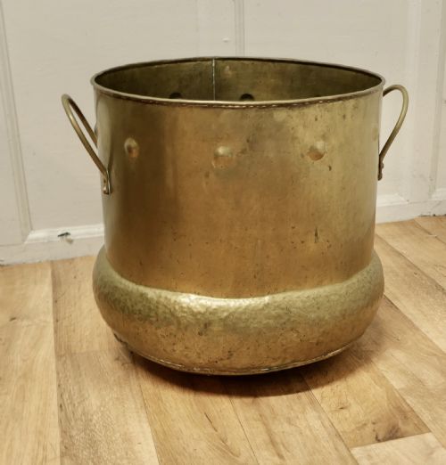 Large French Arts and Crafts Beaten Brass Log Bin