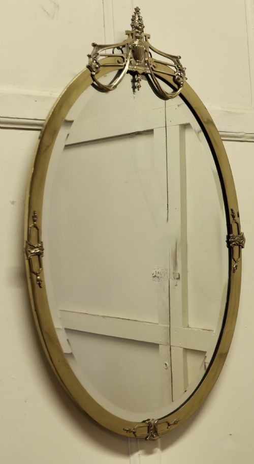 Long Oval Art Deco Gilt Brass Wall Mirror