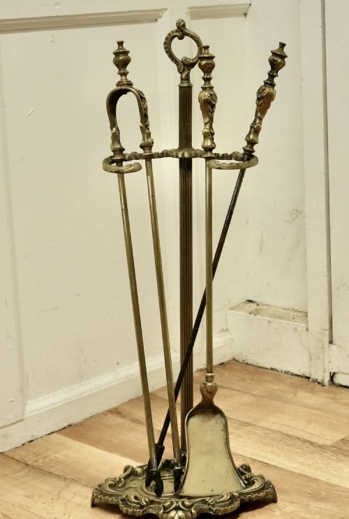 Attractive 19th Century Brass Rococo Fireside Companion Set, Fireside Tools
