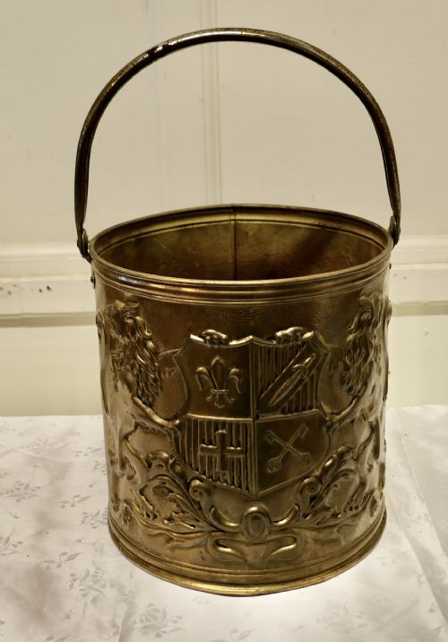 Arts and Crafts Embossed Brass Coal Bucket