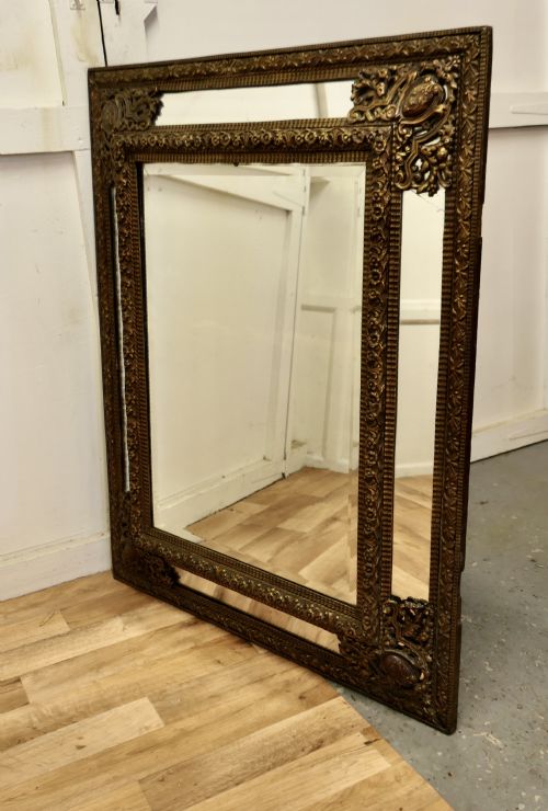 Large Early French Toleware Brass Cushion Mirror