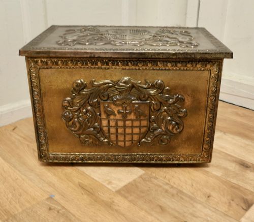 Heraldic Embossed Brass Log Box, with Coats of Arms
