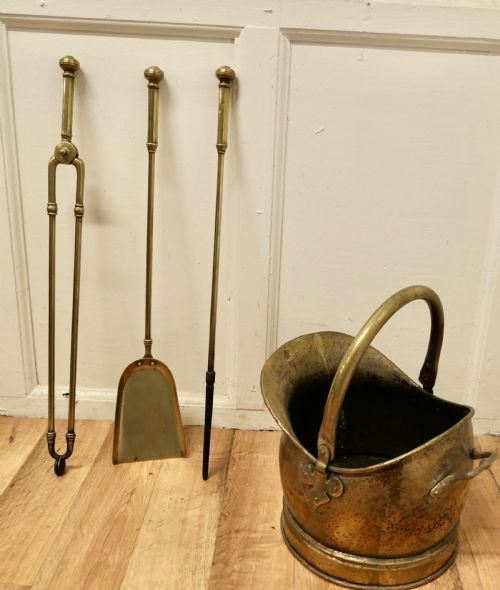 19th Century Set of Fireside Tools and a Coal Bucket