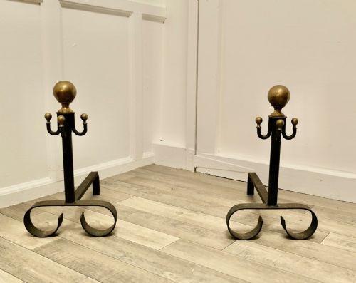 Pair of 19th Century Brass & Iron Andirons or Fire Dogs