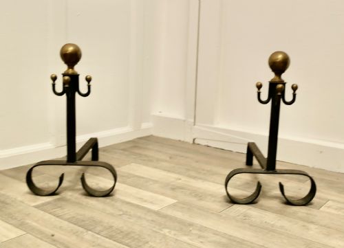 fig 1. Pair of 19th Century Brass & Iron Andirons or Fire Dogs
