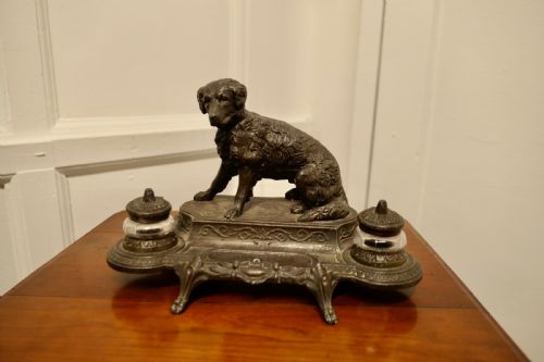 French 2 Pot Inkwell Stand with a Hunting Retriever Dog