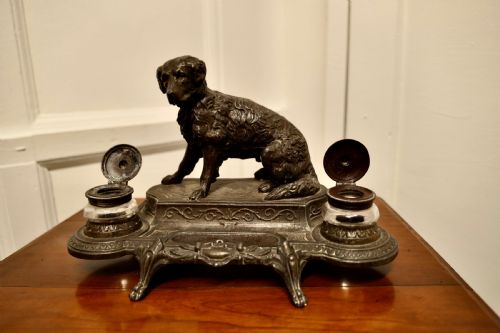 fig 1. French 2 Pot Inkwell Stand with a Hunting Retriever Dog