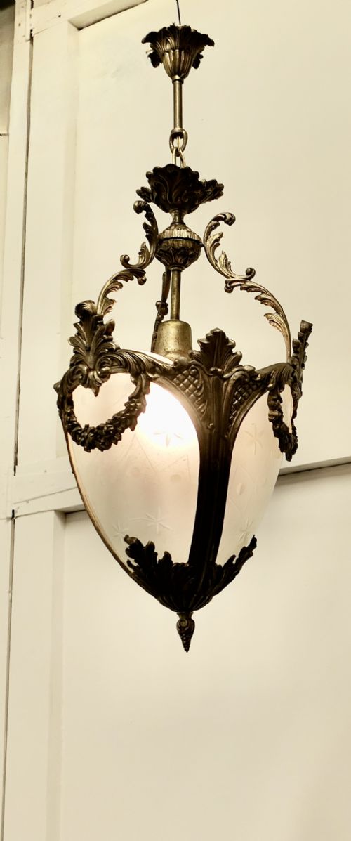 French Etched Opalescent Glass and Ormolu Hanging Pendant Light