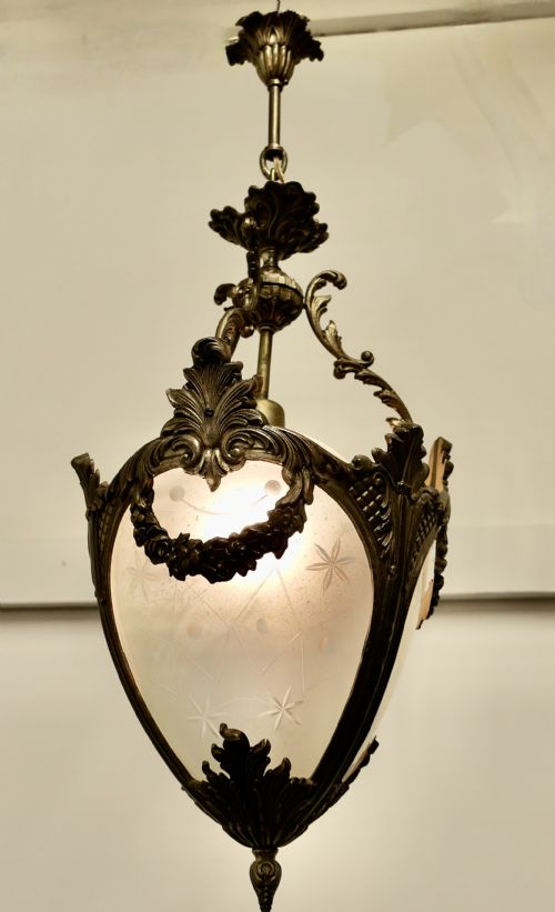 fig 1. French Etched Opalescent Glass and Ormolu Hanging Pendant Light