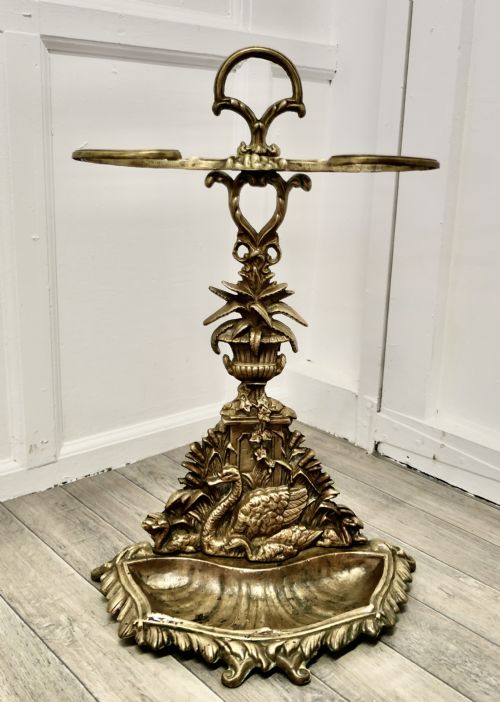 Art Nouveau Cast Iron Brass Walking Stick Stand, Swans