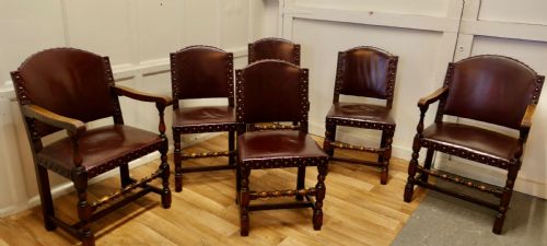 Set of 6 Heavy Arts and Crafts Gothic Oak and Leather Dining or Boardroom Chairs