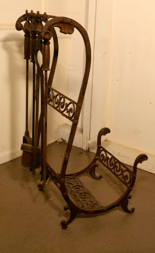 Very Unusual Wrought Iron Log Carrier and Companion Set