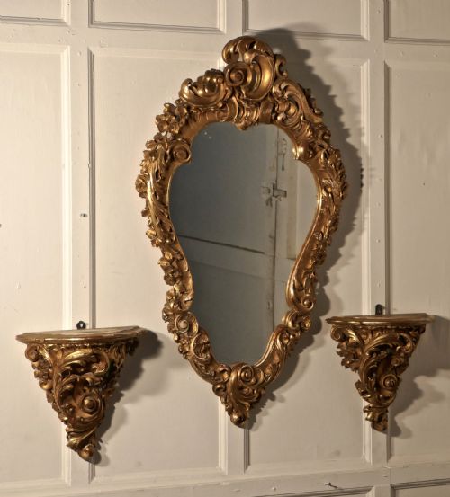 Large 19th Century French Rococo Gilt Console Mirror and Wall Brackets Set