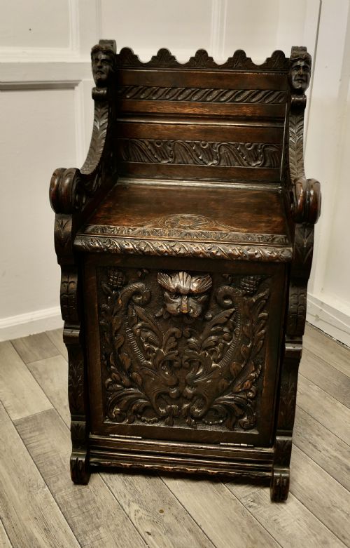 Small Gothic Carved Oak Green Man Settle, Hall Seat
