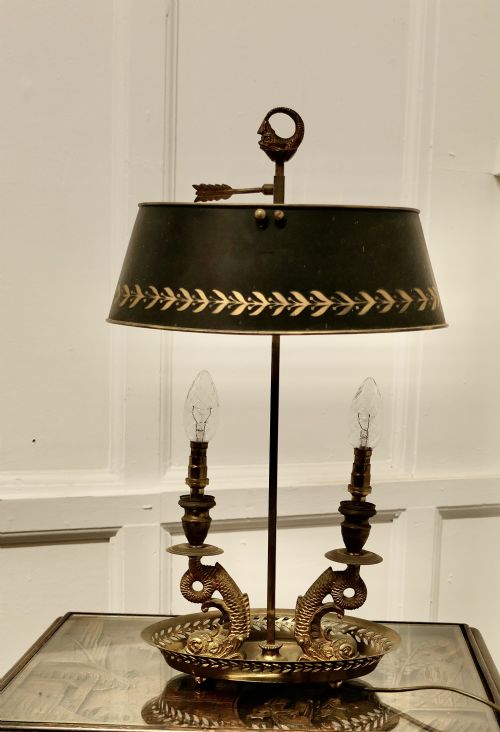 French Painted Toleware and Brass Twin Desk Lamp