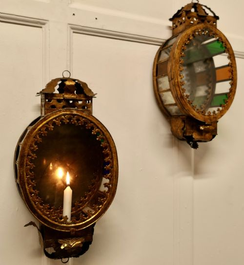 A Very Rare Pair Gilded Toleware Wall Lanterns, Candle Sconces