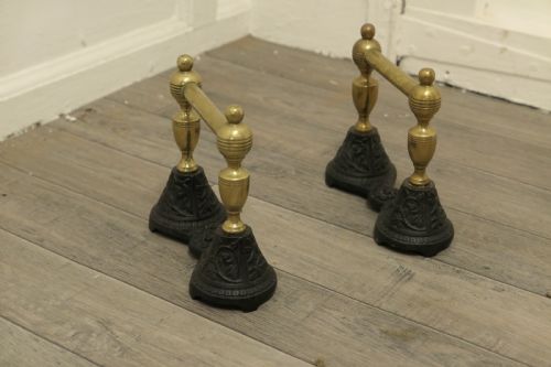 A Sturdy Pair of Victorian Brass and Iron Andirons or Fire Dogs