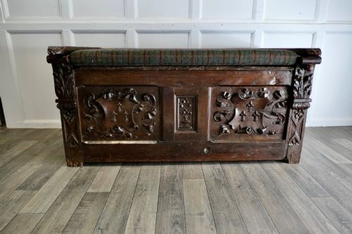 Large 18th Century Carved Oak Coffer, Hall Seat