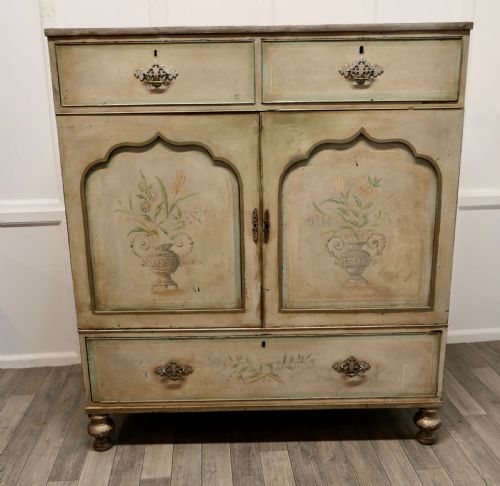 Large Regency Hand Painted Linen Press Cupboard