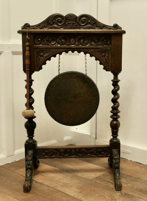 Gothic Carved Oak and Brass Hallway Dinner Gong
