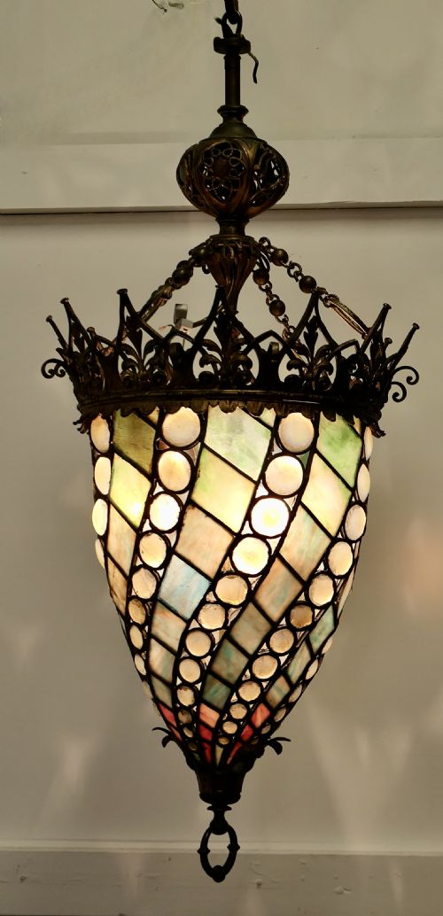 Large Arts and Crafts Stained Glass Hall Lantern Ceiling Light
