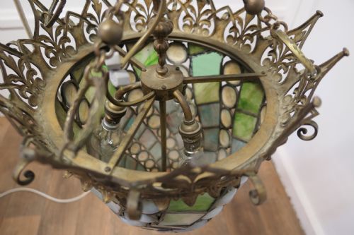 fig 1. Large Arts and Crafts Stained Glass Hall Lantern Ceiling Light