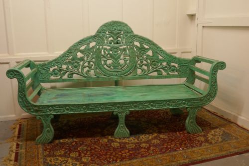 Large Anglo Indian Teak Carved Painted Settee, Bench