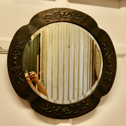 Beautiful Art Nouveau Round Copper Wall Mirror