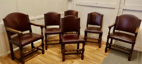 Set of 6 Heavy Arts and Crafts Gothic Oak and Leather Dining or Boardroom Chairs