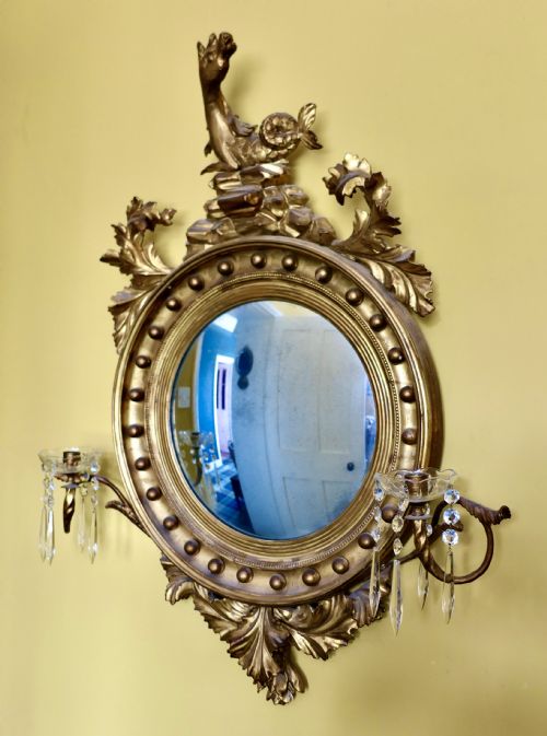 A Large Regency Convex Gilt Girandole Wall Mirror