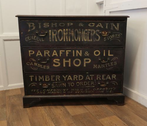 Painted Pine Chest of Drawers, Advertising Bishop and Cain Ironmongers