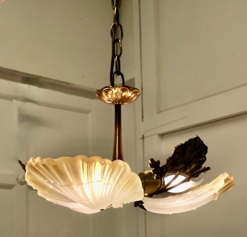 Italian Art Deco Bronze and Art Glass Up Light Pendant