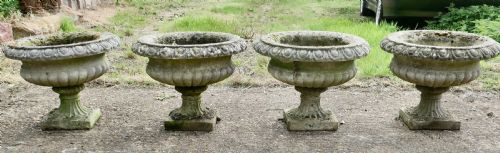 Set of 4 Large Weathered Cast Stone Garden Urns Planters