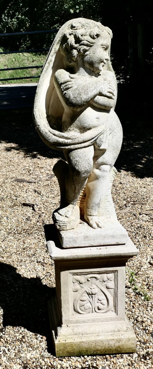 Large Old Weathered Statue of  a Cherub or Putti Set on a Plinth