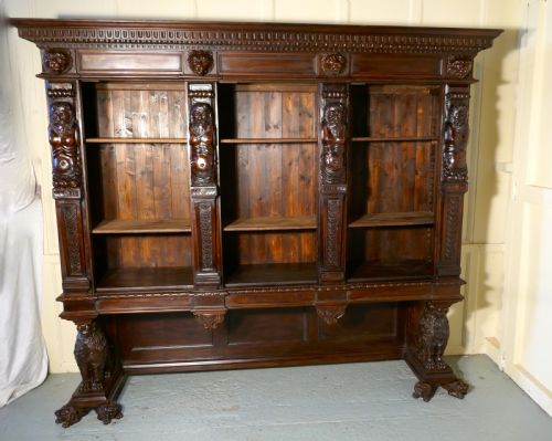 Large Walnut Open Bookcase, Carved with Lion Caryatid and Ancient Gods