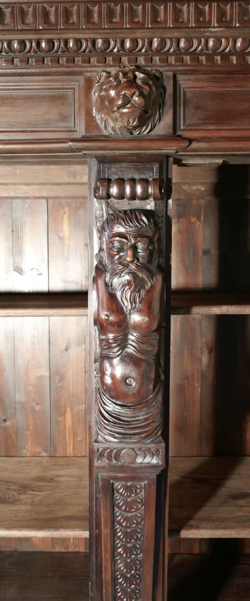 fig 1. Large Walnut Open Bookcase, Carved with Lion Caryatid and Ancient Gods