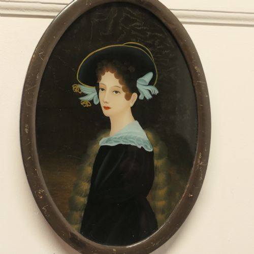 A Lovely Reverse Painted Portrait on Glass of an Edwardian Beauty