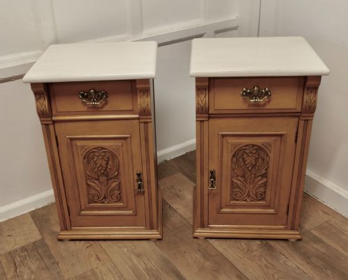 fig 1. Pair of Arts and Crafts Carved Bedside Cupboards