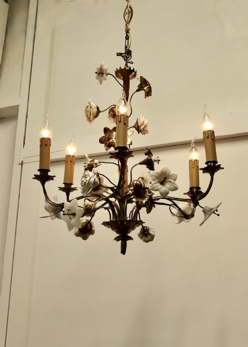 French Gilt Toleware and Floral Ceramic 6 Branch Chandelier