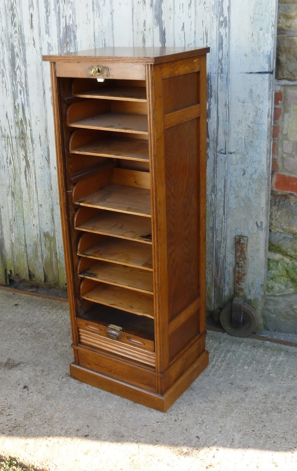 French Tambour Golden Oak Art Deco Filing Cabinet 