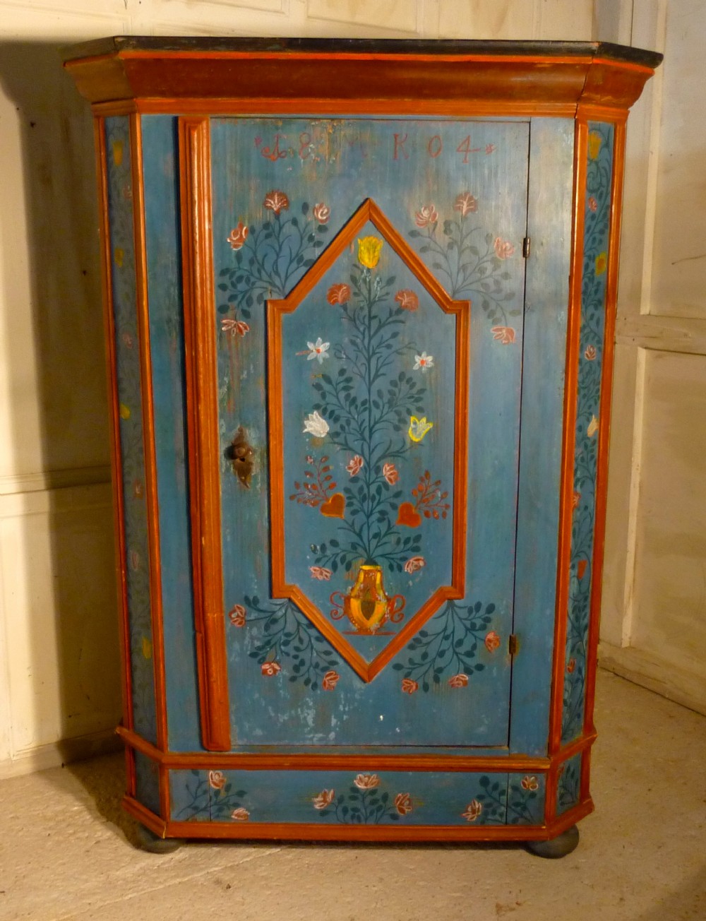 A Painted Marriage Cupboard Wardrobe dated 1804