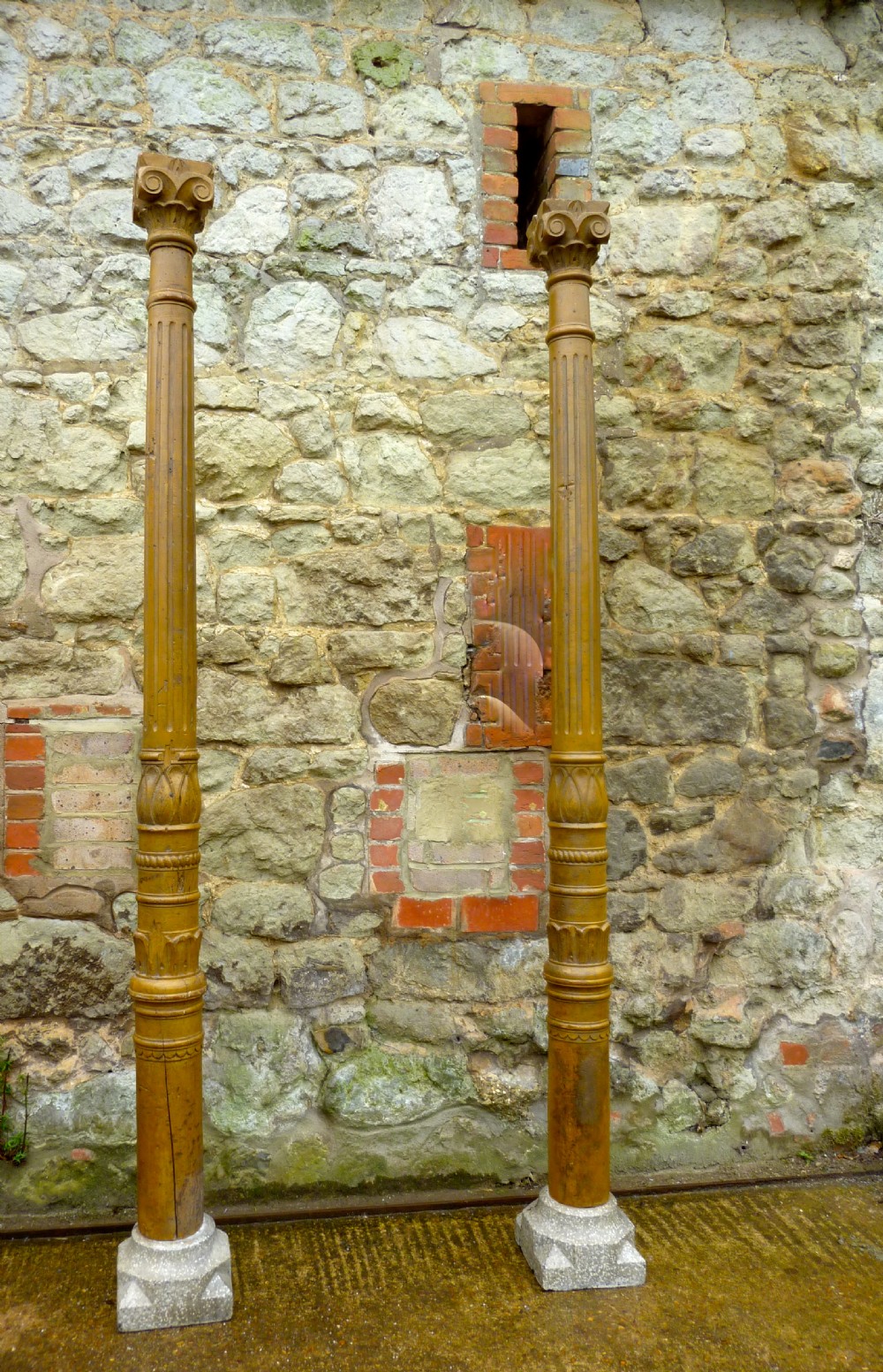 A Pair of Antique Corinthian Type Columns, Carved Painted 