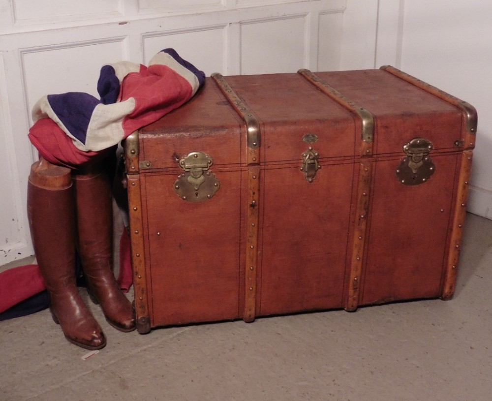 Large French Canvas, Wood and Brass Bound Steamer Trunk, by ABRIVARD